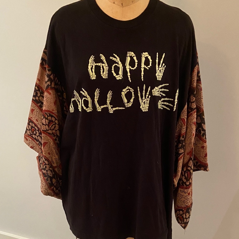 One of a kind designer upcycled Happy Halloween top.